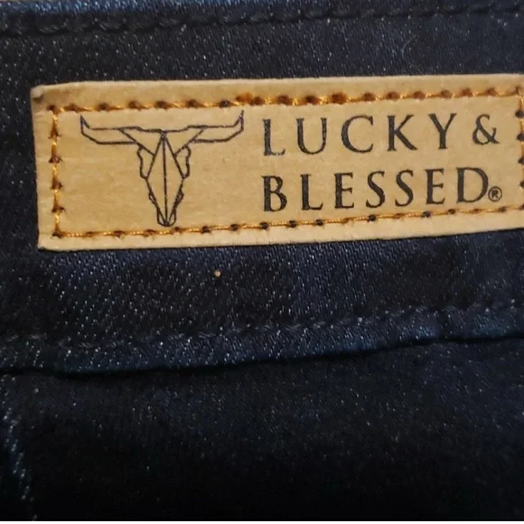 Women's Lucky & Blessed extreme flare dark wash distressed stretch jeans Sz 16 - Picture 9 of 12